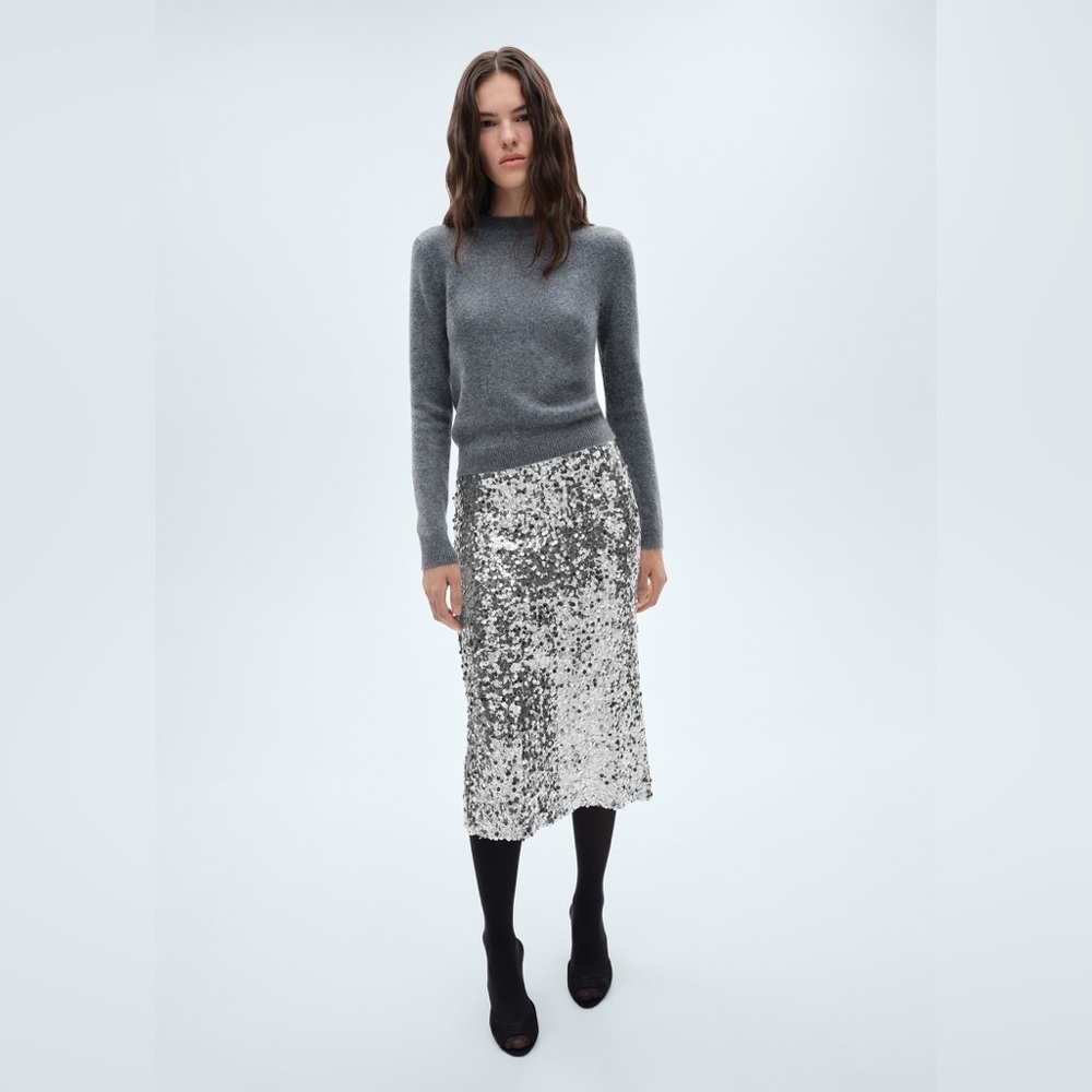 ✨ MANGO NWT Silver Sequin Midi Skirt | Party Evening Glam | Size L ✨